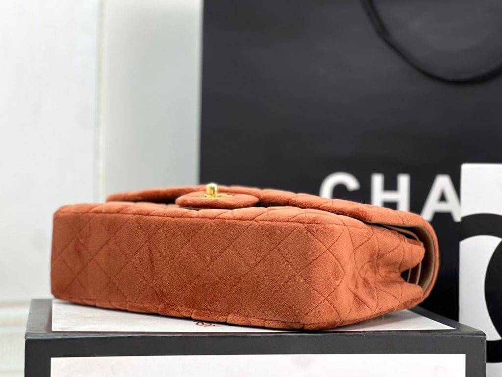 Chanel A01112 Classic Handbag Brown Velvet Enamel Gold-Tone Metal