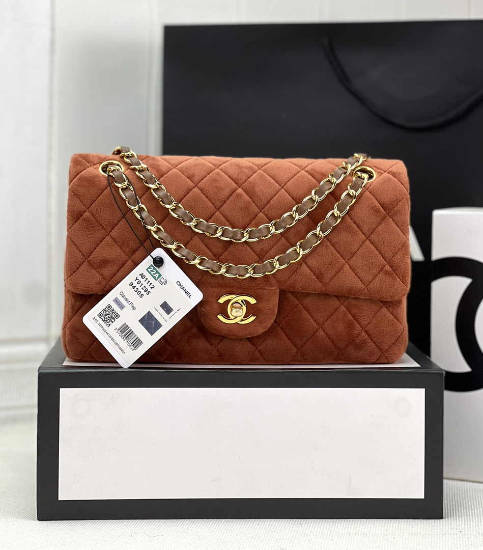 Chanel A01112 Classic Handbag Brown Velvet Enamel Gold-Tone Metal