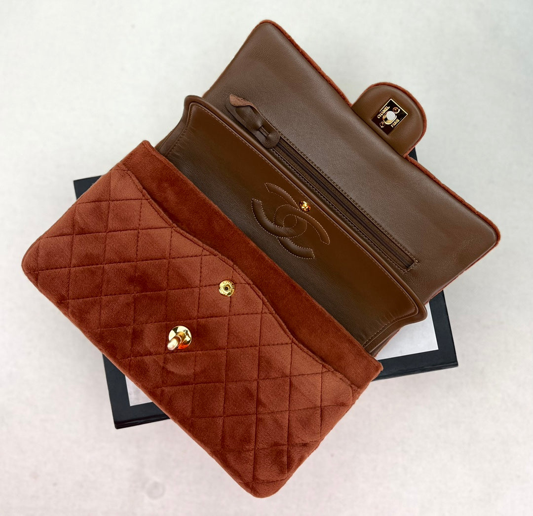 Chanel A01112 Classic Handbag Brown Velvet Enamel Gold-Tone Metal