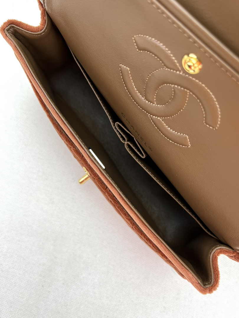 Chanel A01112 Classic Handbag Brown Velvet Enamel Gold-Tone Metal
