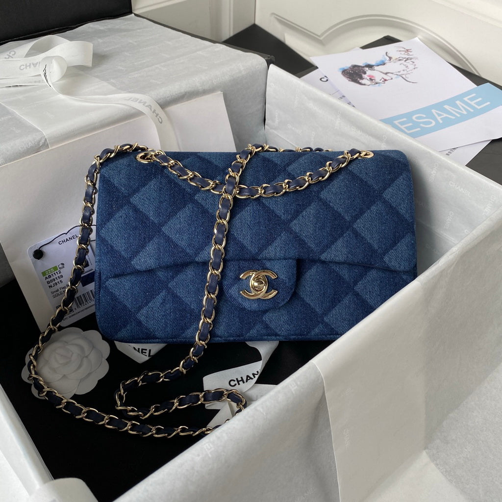 Chanel A01112 Classic Handbag Denim Gold-Tone Metal Dark Blue