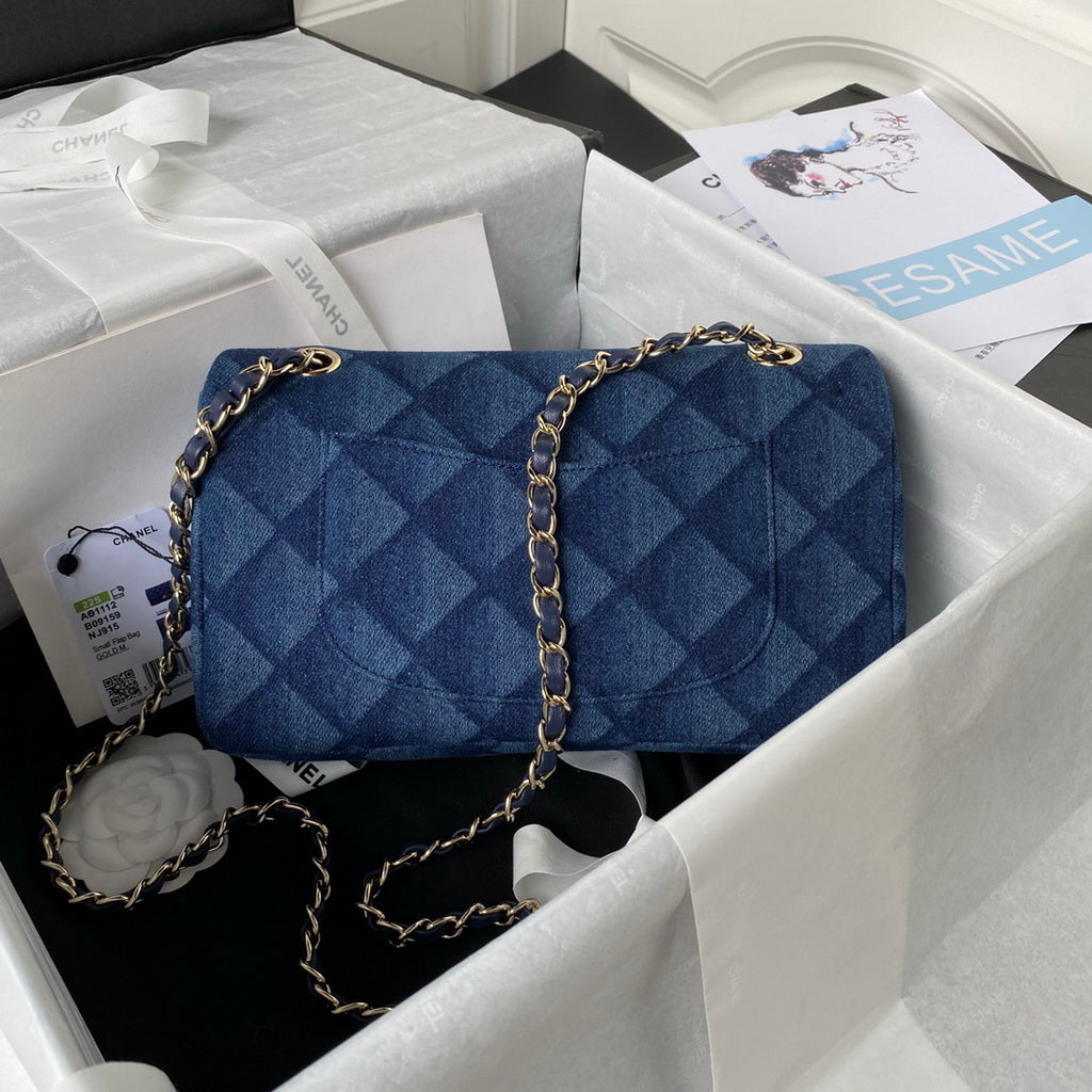 Chanel A01112 Classic Handbag Denim Gold-Tone Metal Dark Blue