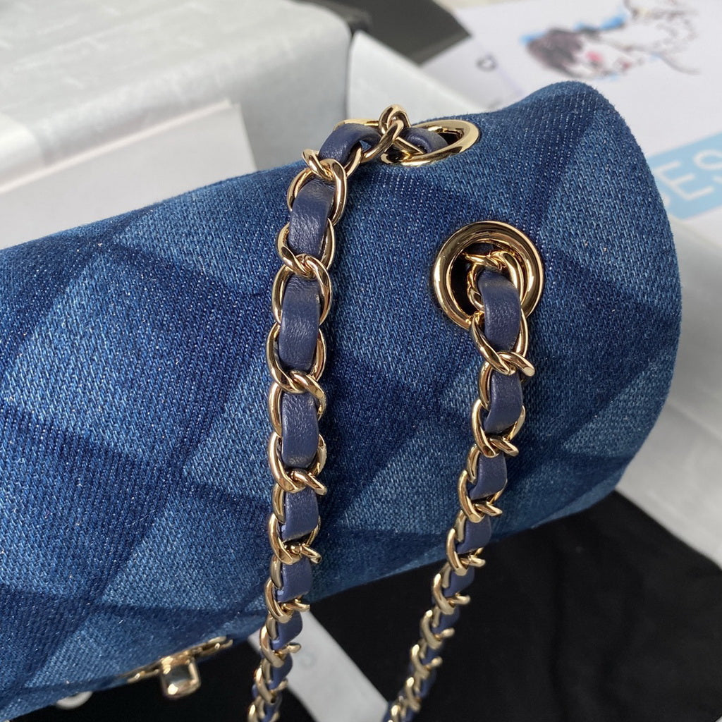 Chanel A01112 Classic Handbag Denim Gold-Tone Metal Dark Blue