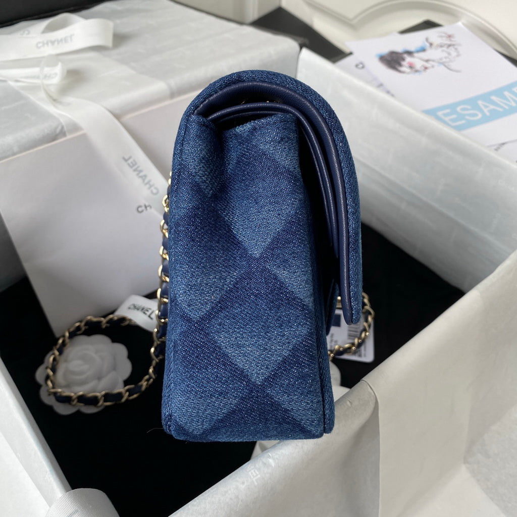 Chanel A01112 Classic Handbag Denim Gold-Tone Metal Dark Blue