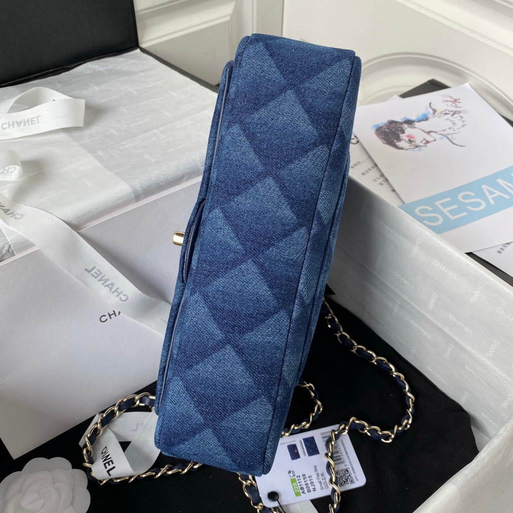 Chanel A01112 Classic Handbag Denim Gold-Tone Metal Dark Blue