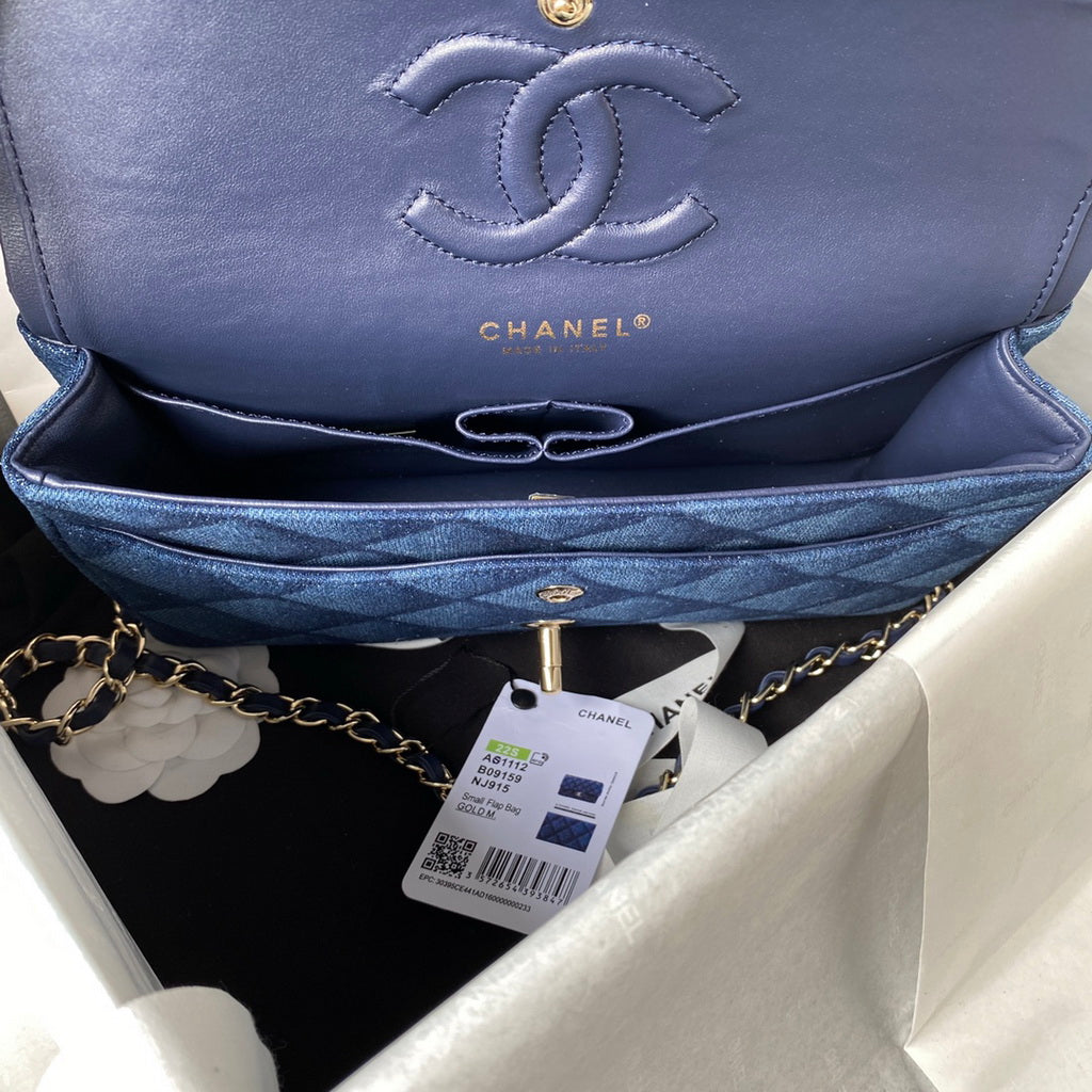 Chanel A01112 Classic Handbag Denim Gold-Tone Metal Dark Blue