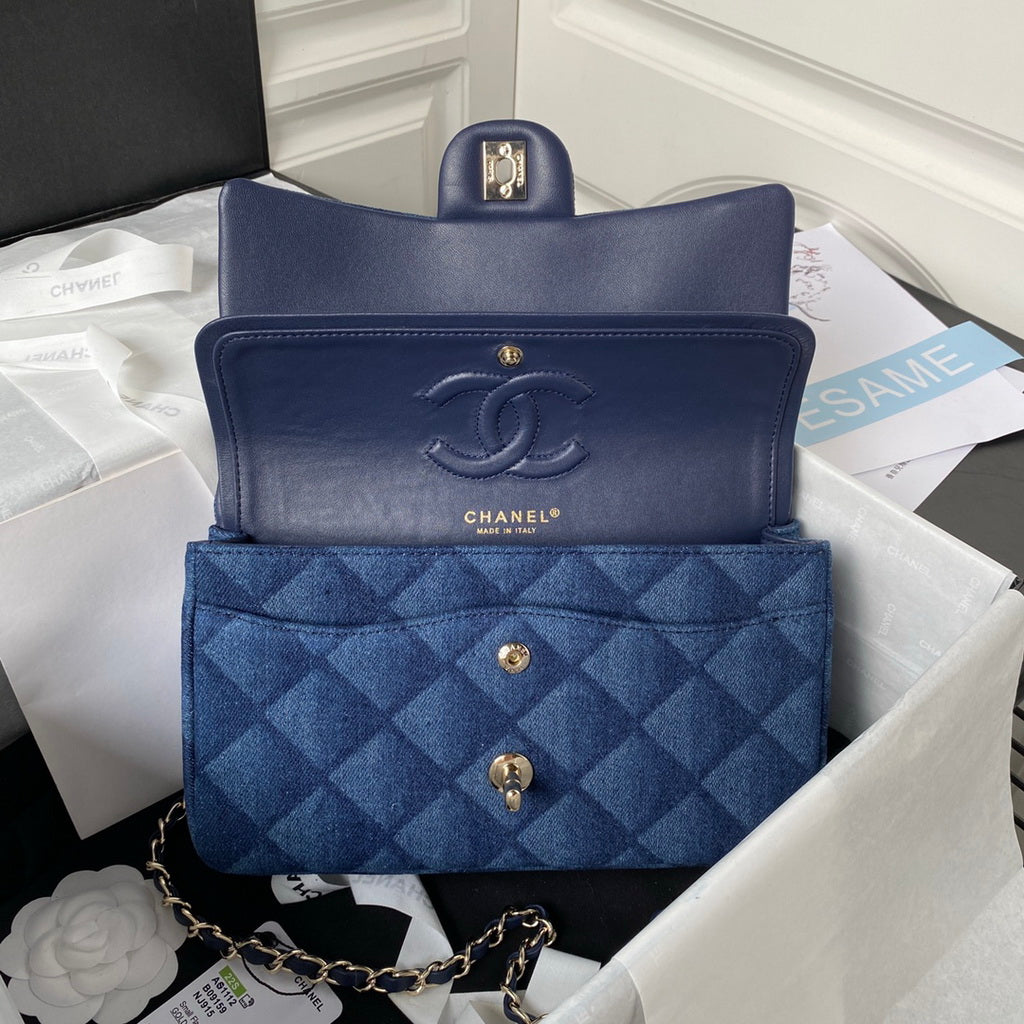 Chanel A01112 Classic Handbag Denim Gold-Tone Metal Dark Blue
