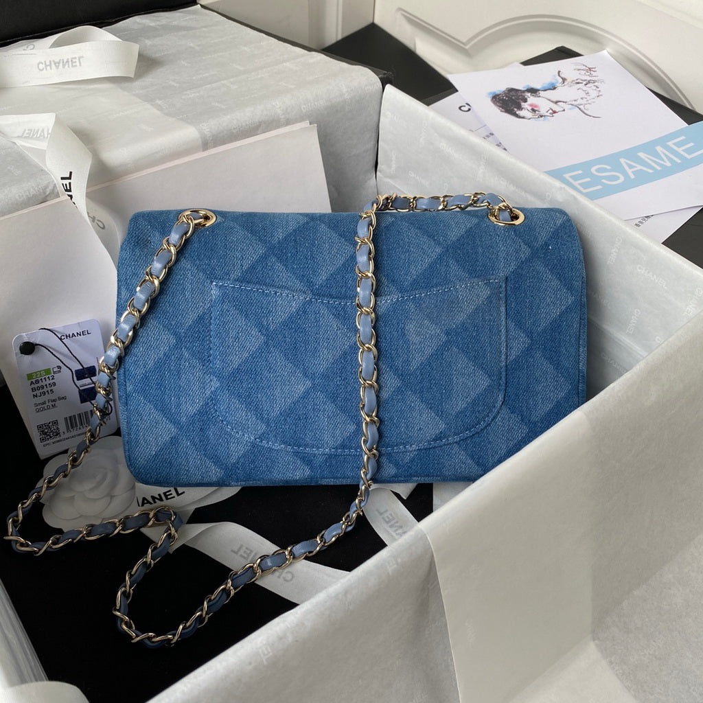 Chanel A01112 Classic Handbag Denim Gold-Tone Metal Blue