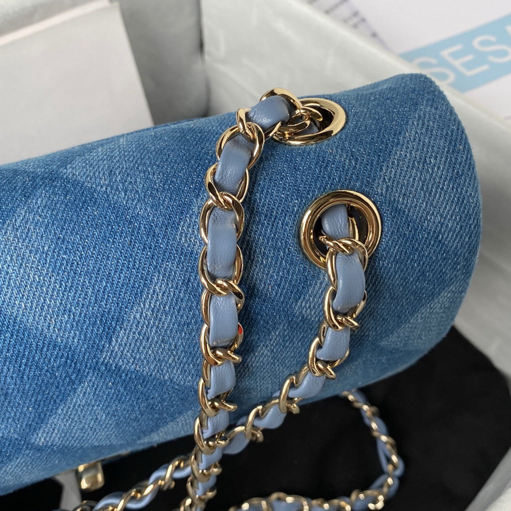 Chanel A01112 Classic Handbag Denim Gold-Tone Metal Blue