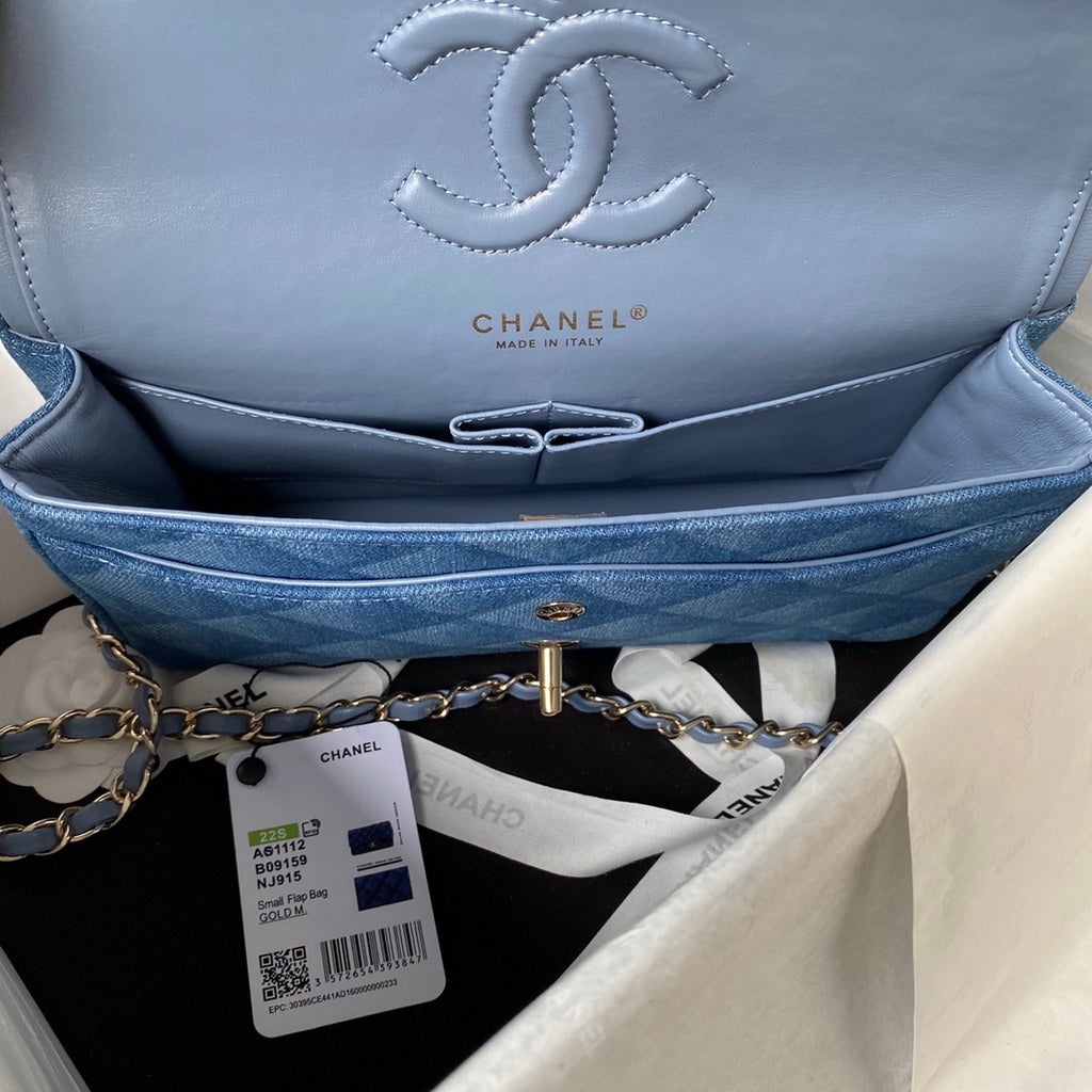 Chanel A01112 Classic Handbag Denim Gold-Tone Metal Blue
