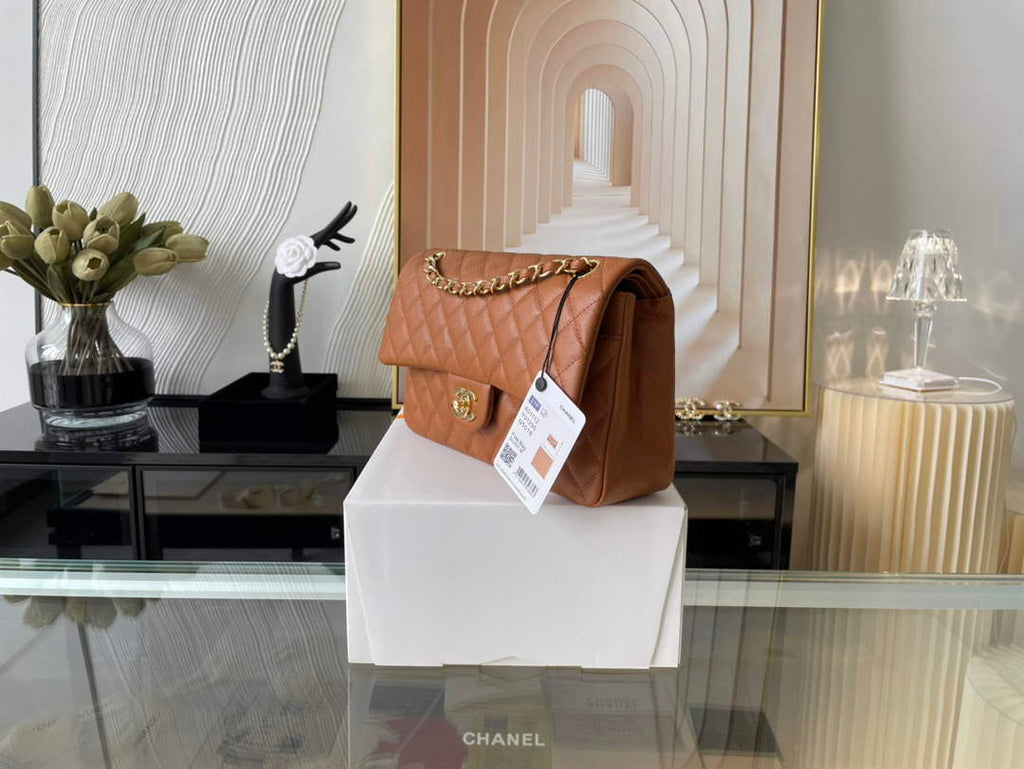 Chanel A01112 Classic Handbag Grained Calfskin Brown Gold