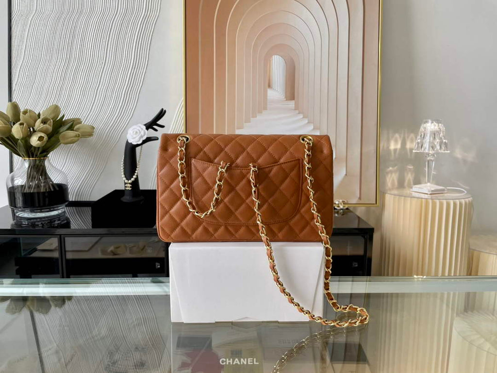 Chanel A01112 Classic Handbag Grained Calfskin Brown Gold