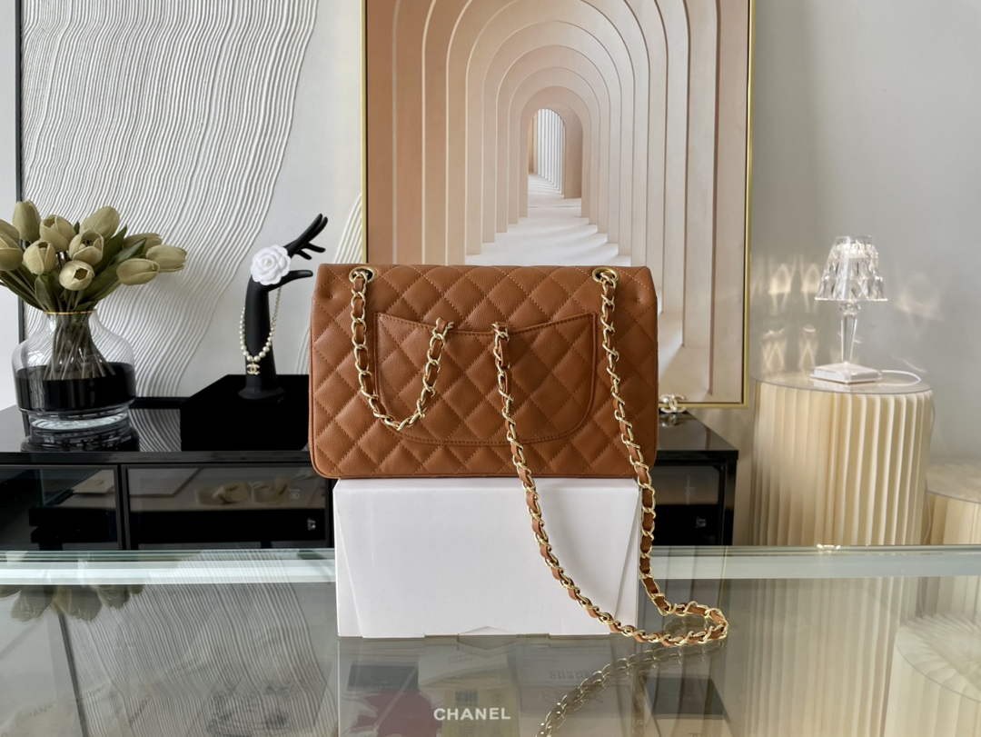 Chanel A01112 Classic Handbag Grained Calfskin Brown Gold