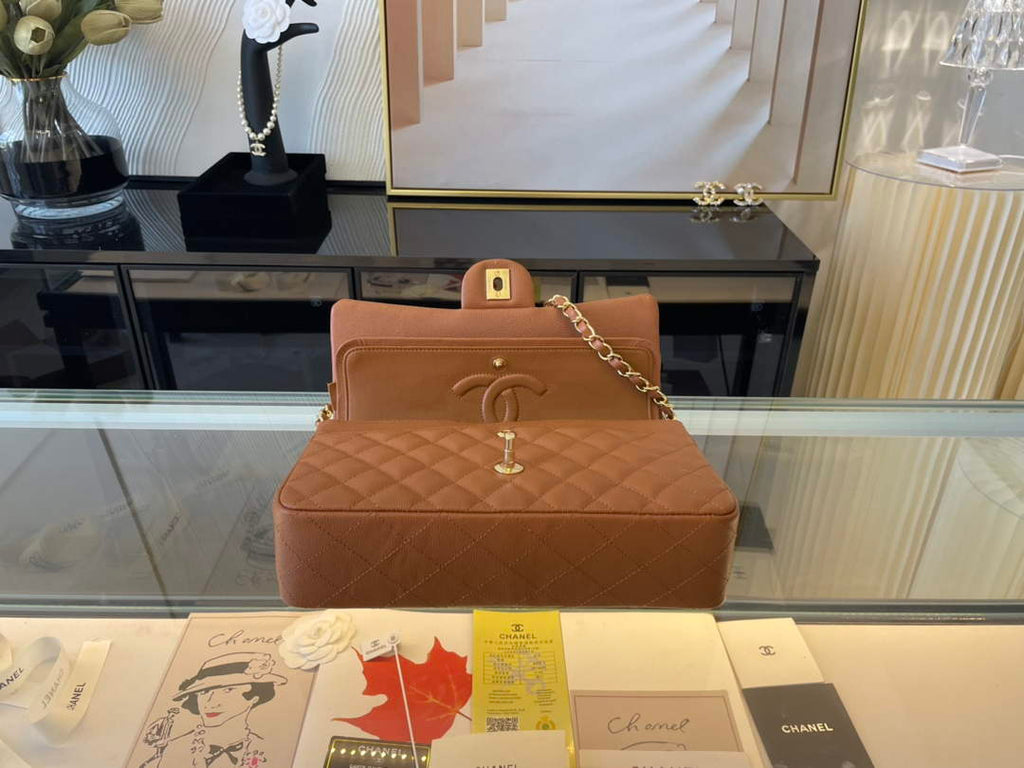 Chanel A01112 Classic Handbag Grained Calfskin Brown Gold