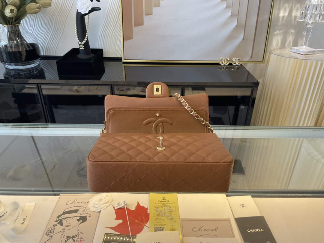 Chanel A01112 Classic Handbag Grained Calfskin Brown Gold