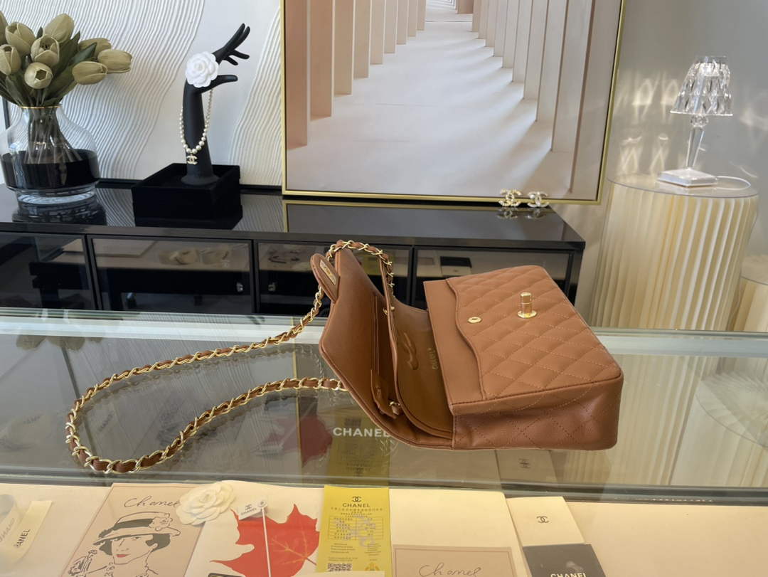 Chanel A01112 Classic Handbag Grained Calfskin Brown Gold