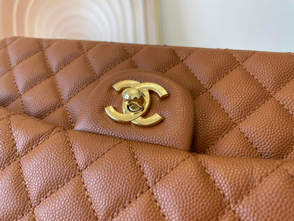 Chanel A01112 Classic Handbag Grained Calfskin Brown Gold