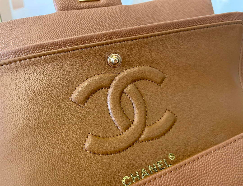 Chanel A01112 Classic Handbag Grained Calfskin Brown Gold