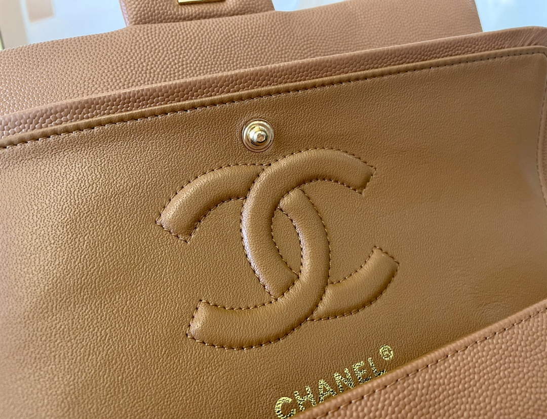 Chanel A01112 Classic Handbag Grained Calfskin Brown Gold