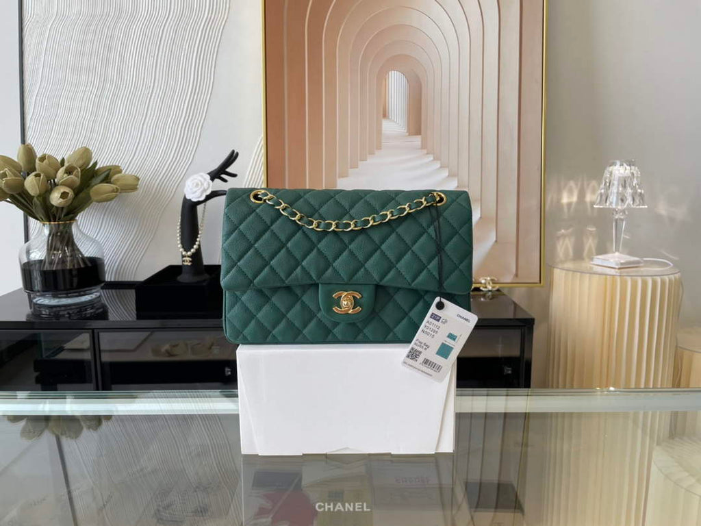 Chanel A01112 Classic Handbag Grained Calfskin Dark Green Gold