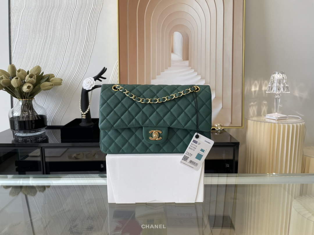 Chanel A01112 Classic Handbag Grained Calfskin Dark Green Gold