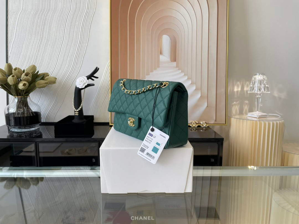 Chanel A01112 Classic Handbag Grained Calfskin Dark Green Gold