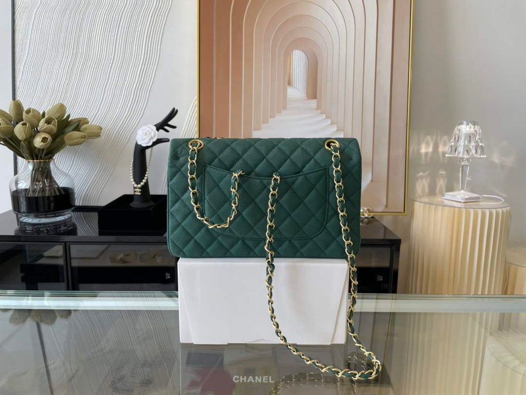 Chanel A01112 Classic Handbag Grained Calfskin Dark Green Gold