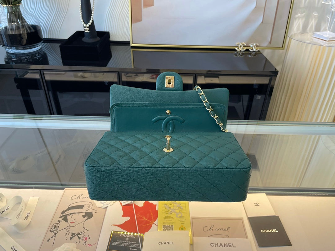 Chanel A01112 Classic Handbag Grained Calfskin Dark Green Gold