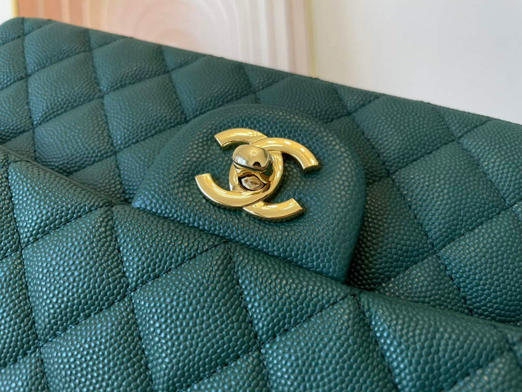Chanel A01112 Classic Handbag Grained Calfskin Dark Green Gold