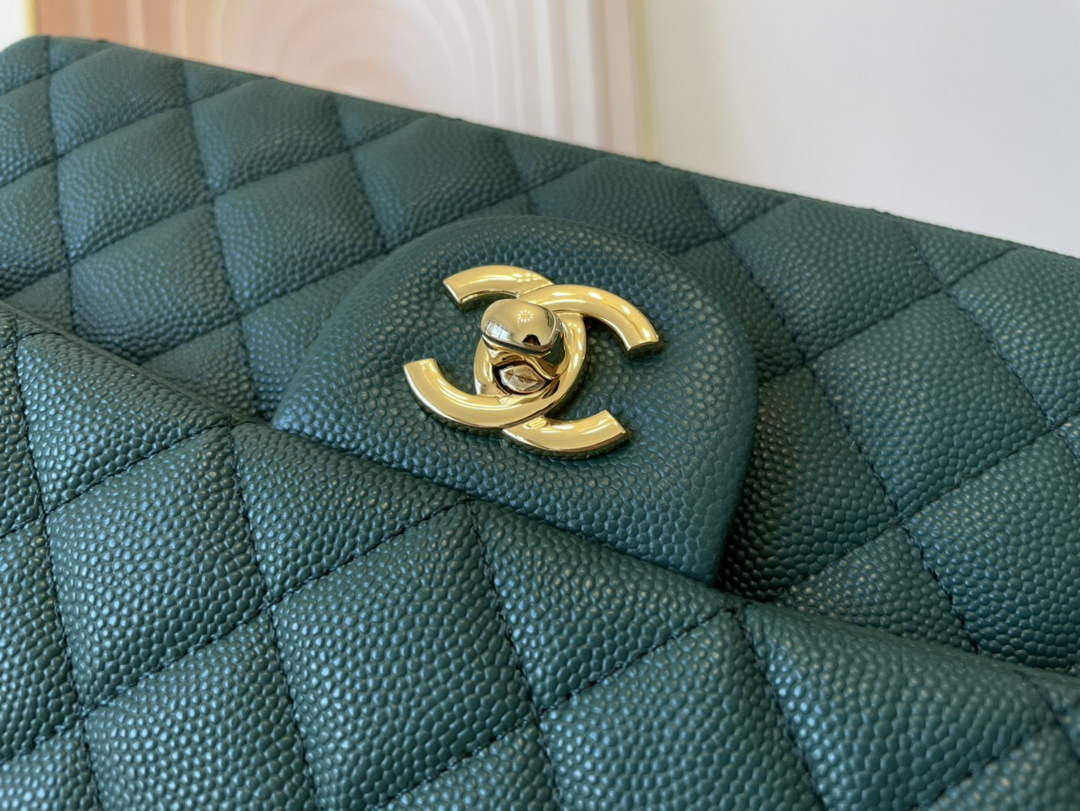 Chanel A01112 Classic Handbag Grained Calfskin Dark Green Gold