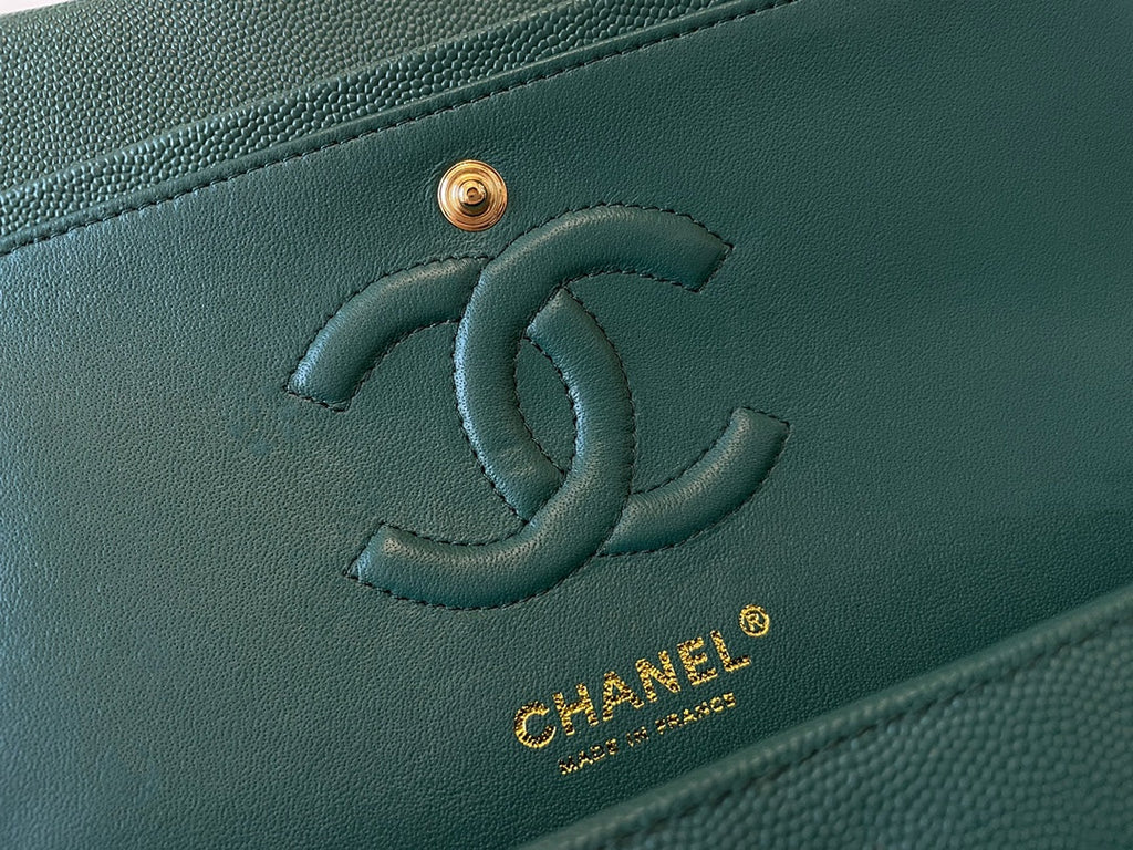 Chanel A01112 Classic Handbag Grained Calfskin Dark Green Gold
