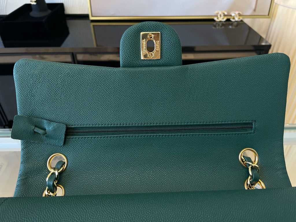 Chanel A01112 Classic Handbag Grained Calfskin Dark Green Gold