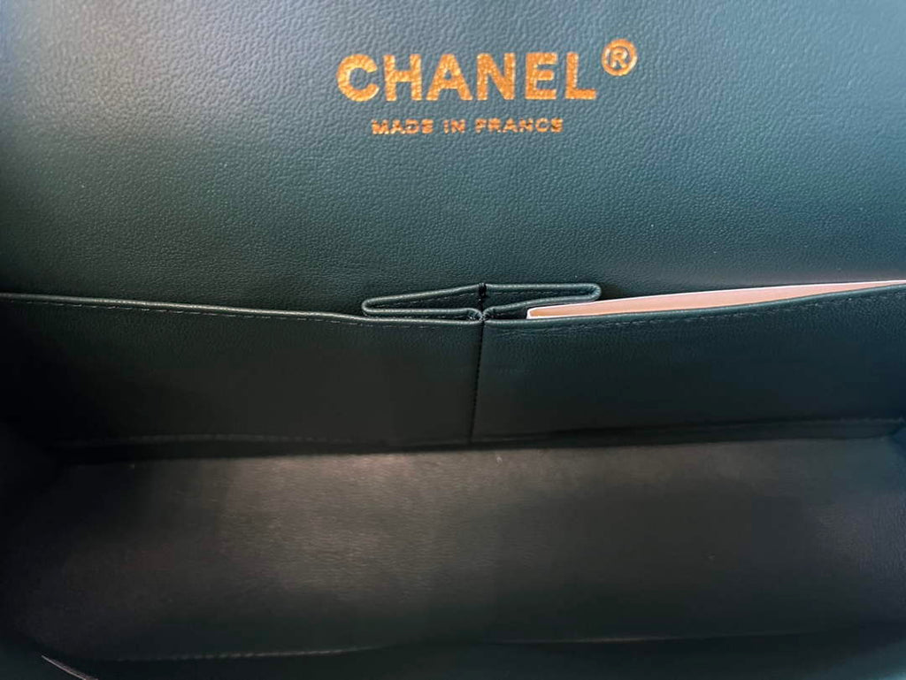Chanel A01112 Classic Handbag Grained Calfskin Dark Green Gold