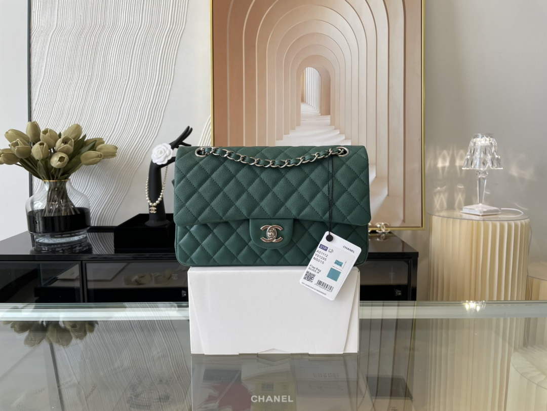 Chanel A01112 Classic Handbag Grained Calfskin Dark Green Silver