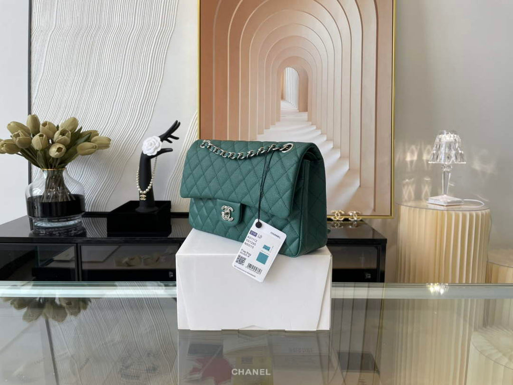 Chanel A01112 Classic Handbag Grained Calfskin Dark Green Silver