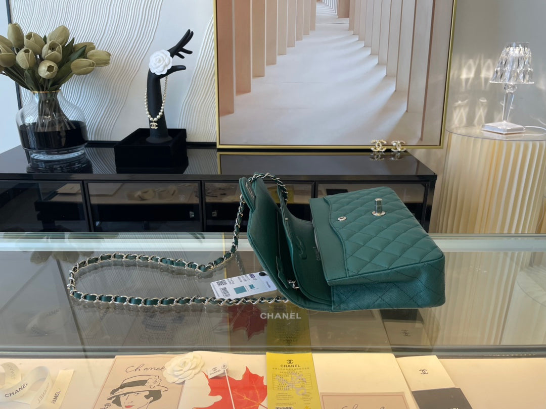 Chanel A01112 Classic Handbag Grained Calfskin Dark Green Silver