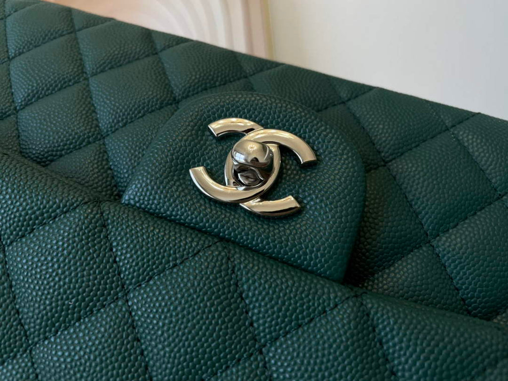 Chanel A01112 Classic Handbag Grained Calfskin Dark Green Silver
