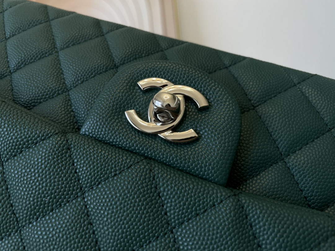 Chanel A01112 Classic Handbag Grained Calfskin Dark Green Silver