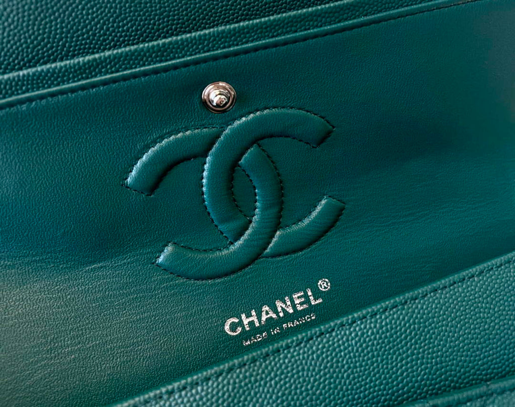 Chanel A01112 Classic Handbag Grained Calfskin Dark Green Silver