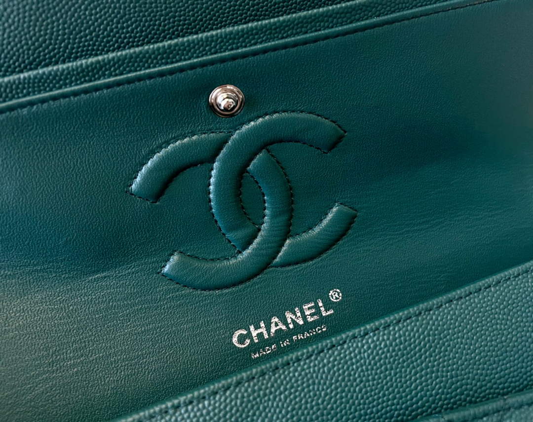 Chanel A01112 Classic Handbag Grained Calfskin Dark Green Silver