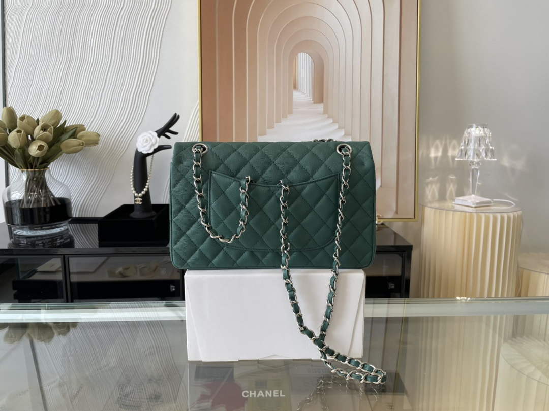 Chanel A01112 Classic Handbag Grained Calfskin Dark Green Silver