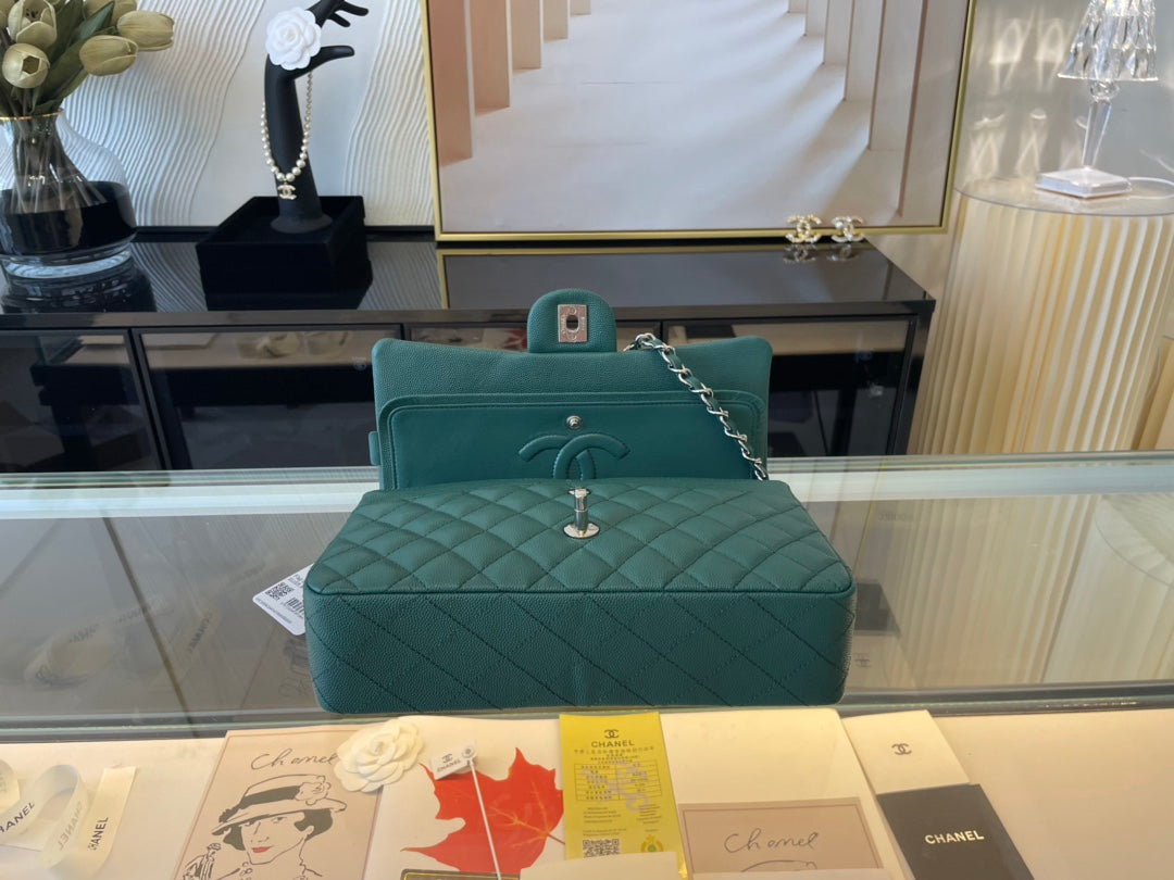 Chanel A01112 Classic Handbag Grained Calfskin Dark Green Silver