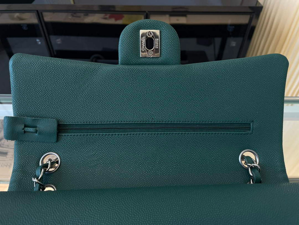 Chanel A01112 Classic Handbag Grained Calfskin Dark Green Silver