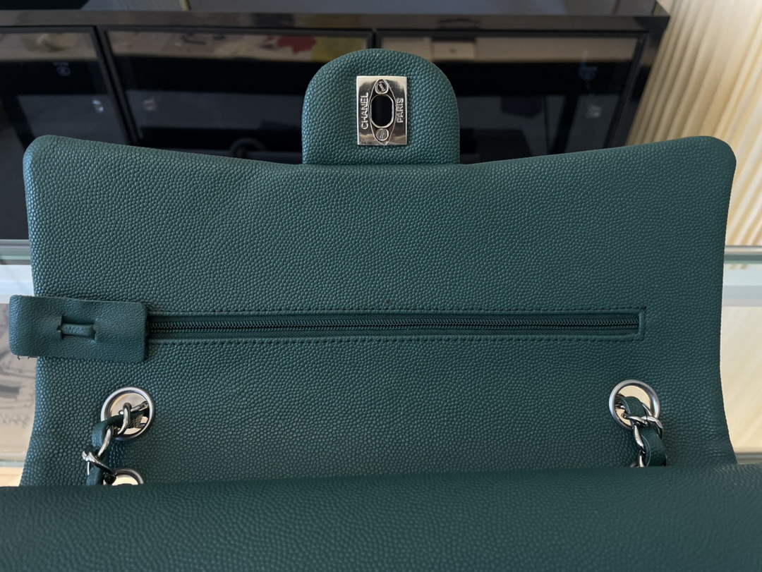 Chanel A01112 Classic Handbag Grained Calfskin Dark Green Silver