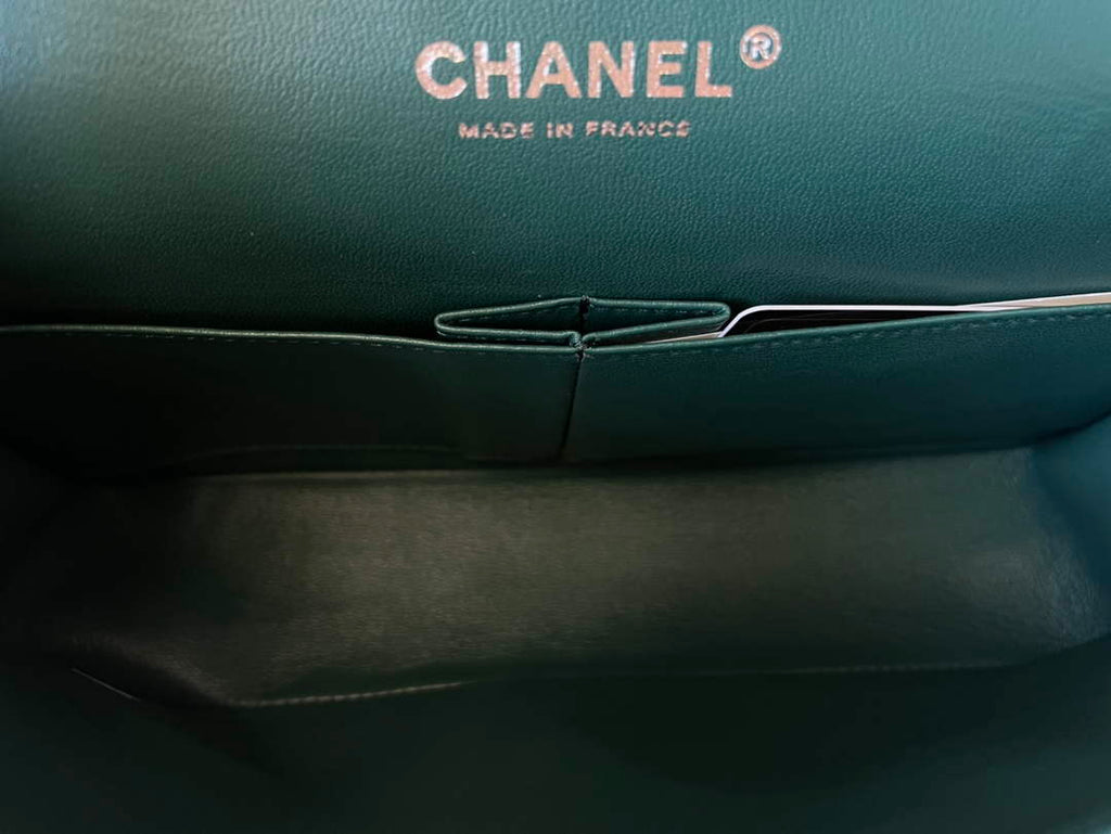 Chanel A01112 Classic Handbag Grained Calfskin Dark Green Silver