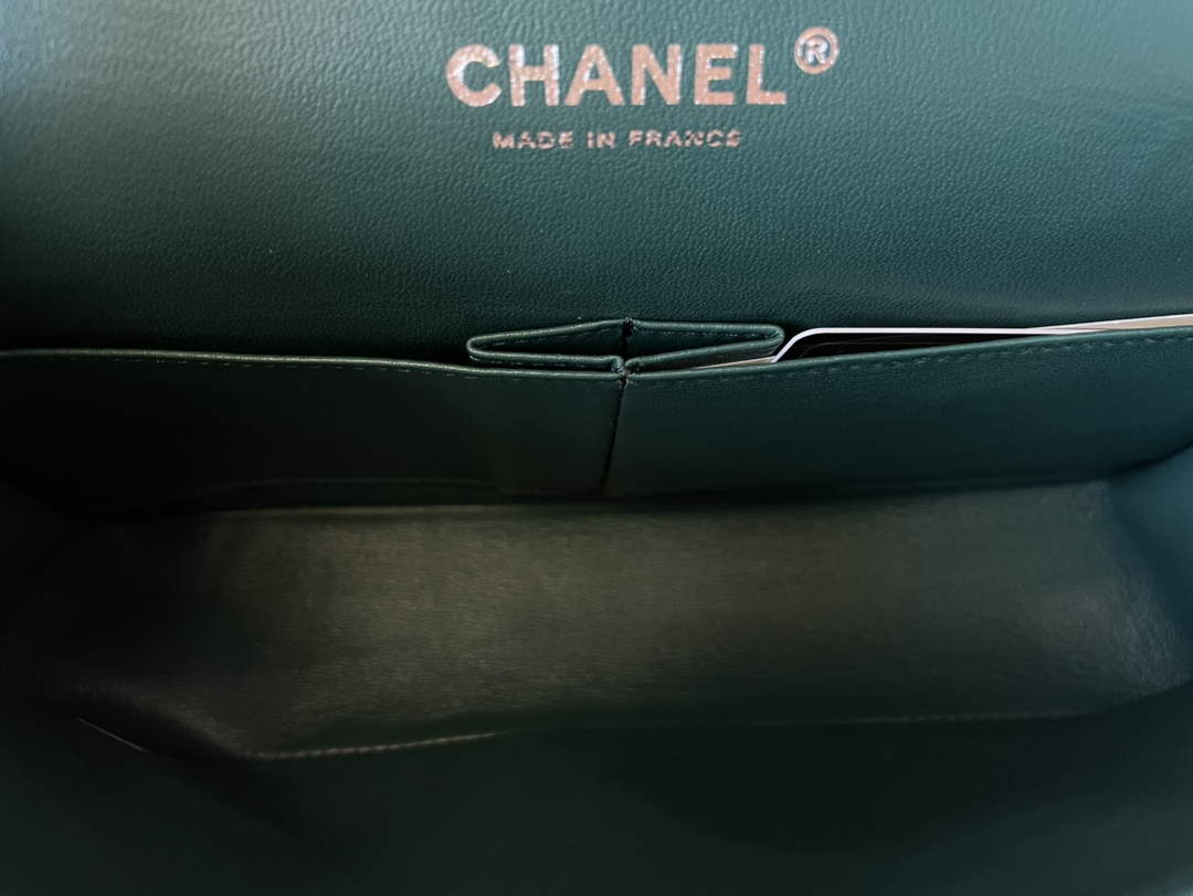 Chanel A01112 Classic Handbag Grained Calfskin Dark Green Silver