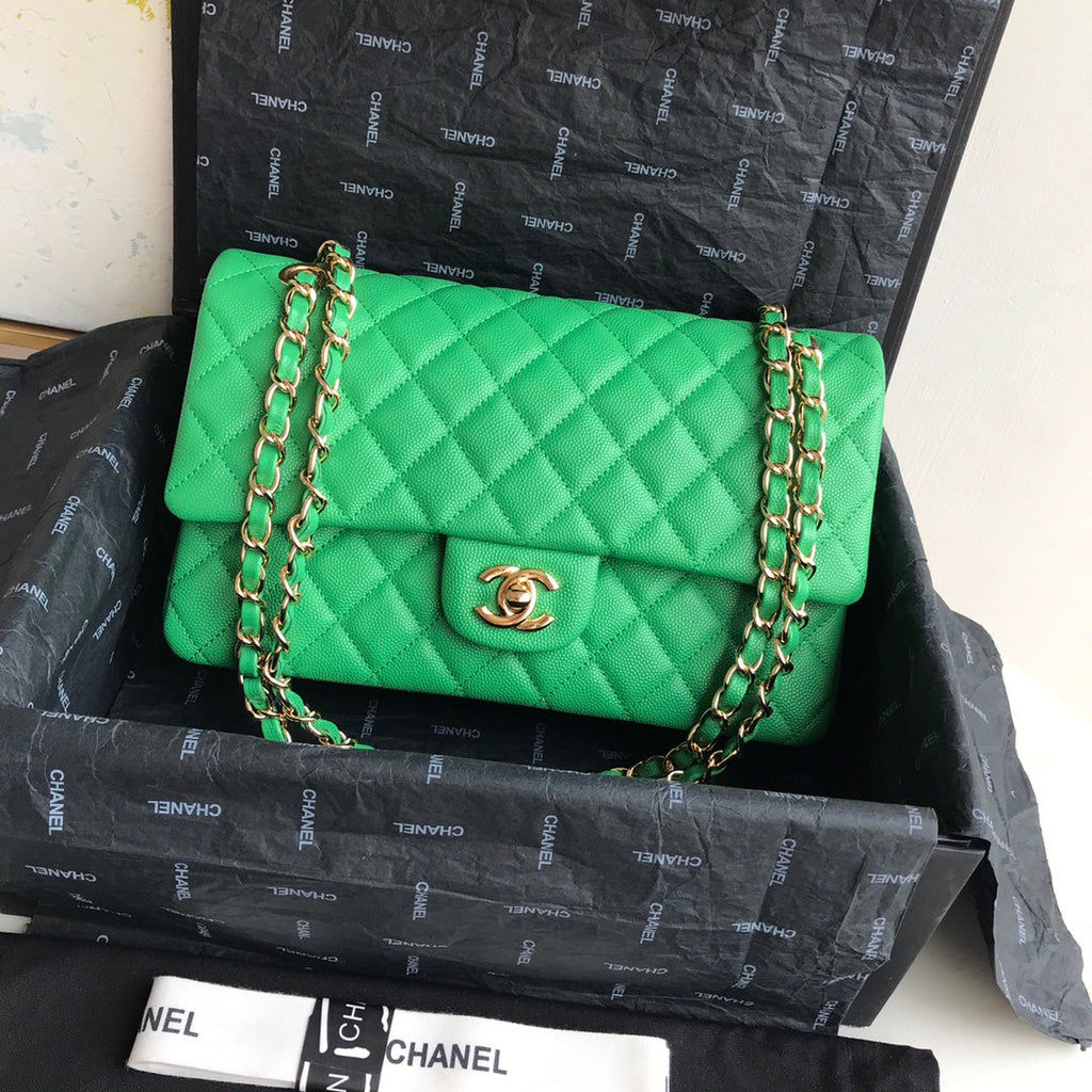 Chanel A01112 Classic Handbag Grained Calfskin Green Gold