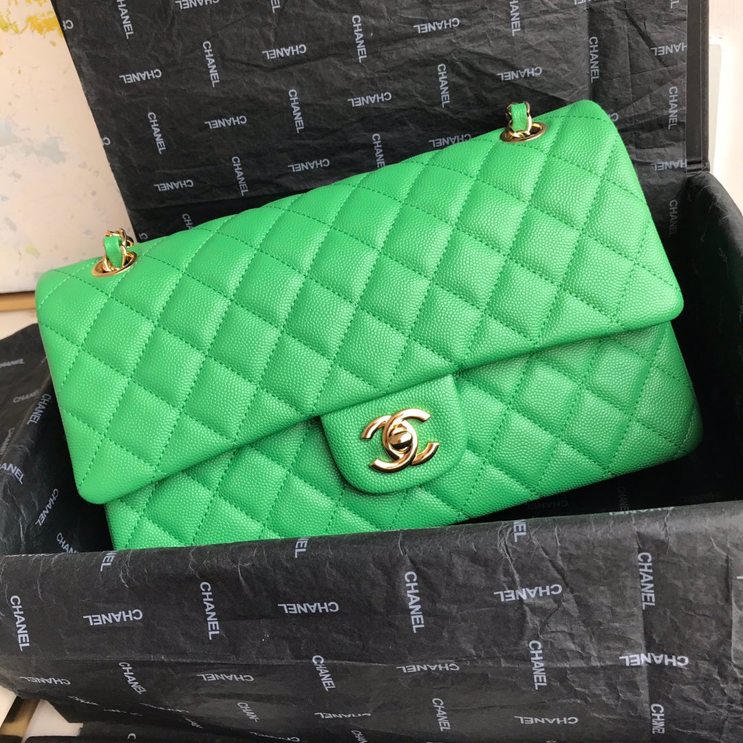 Chanel A01112 Classic Handbag Grained Calfskin Green Gold