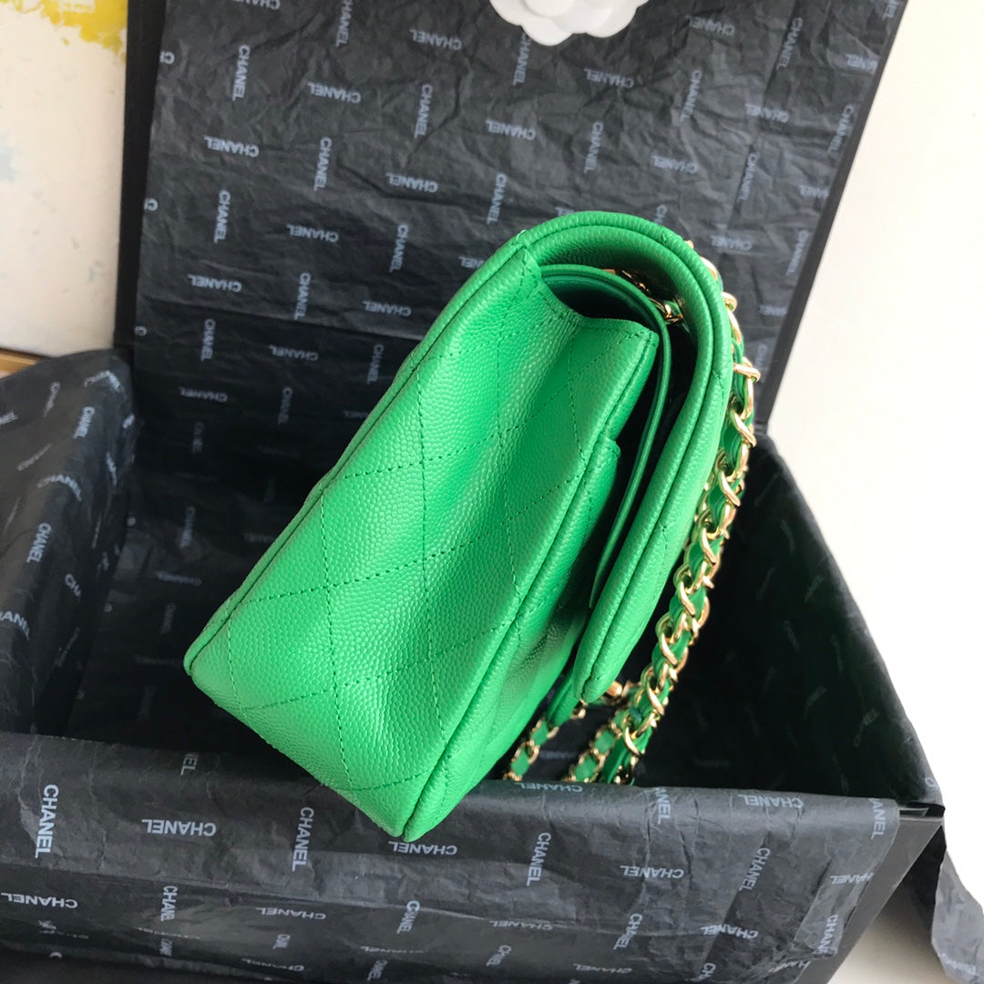 Chanel A01112 Classic Handbag Grained Calfskin Green Gold