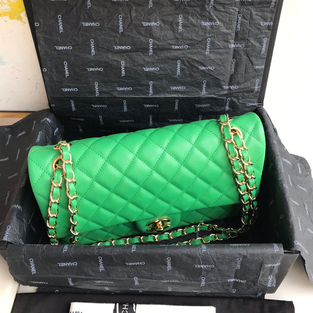 Chanel A01112 Classic Handbag Grained Calfskin Green Gold